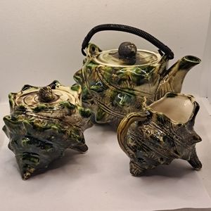 Vintage Japanese Mid Century Conch Shell Teapot, creamer and sugar.